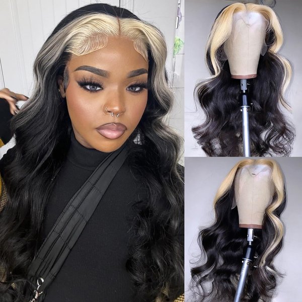BLG 613 Lace Front Wig Human Hair Highlight 180% Density Glueless Wigs Human Hair Skunk Stripe Human Hair Lace Front Wigs Blonde Wig Human Hair(22 Inch,613 Highlight)