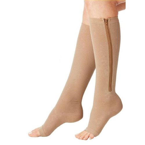 Runee Zipper Compression Sock Open Toe Knee Length Leg Calf Support (L/XL, Beige)