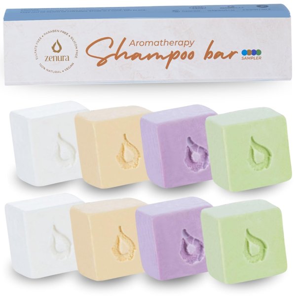 ZENURA Natural Shampoo Bars Sampler, Rosemary, Tea Tree, Castor oil and Rice Water with Coconut Oil, Solid 8 pcs Travel Bar, All Safe Ingredients, Paraben Sulfate & Cruelty Free