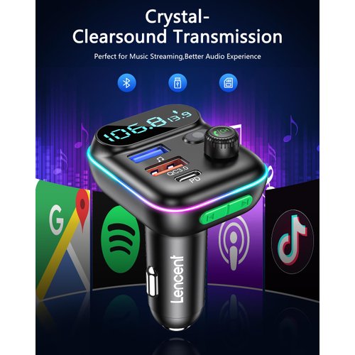 LENCENT FM Transmitter in-Car Adapter, Wireless Bluetooth 5.0 Radio Car Kit,Type-C PD + QC3.0 Fast USB Charger, Hands Free Calling, Mp3 Player Receiver Hi Fi Bass Support U Disk