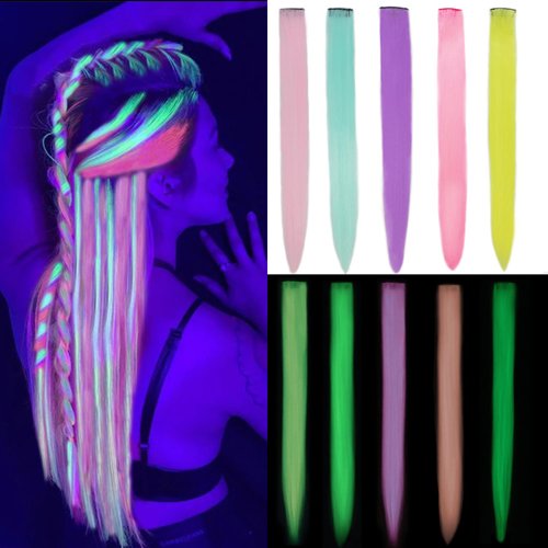 Orgwigs Colored Hair Extensions 18 inch 10pcs Glow in the Dark Hair Extensions Heat Resistant Rainbow Kanekalon Brading Hair Extensions Muticolor Clip in Hair Extensions for Kids and Girls
