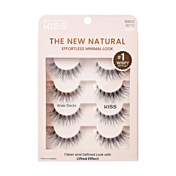 KISS The New Natural, False Eyelashes, Wide Slacks', 12 mm, Includes 4 Pairs Of Lashes, Contact Lens Friendly, Easy to Apply, Reusable Strip Lashes