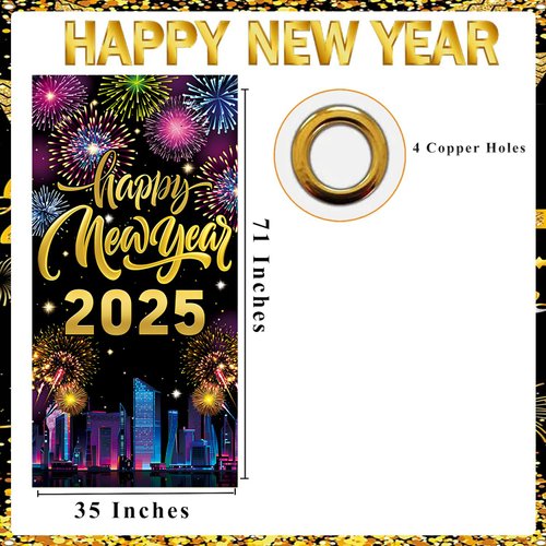 2025 Happy New Year Door Banner Cover Decorations, New Year Eve Door Cover Fireworks New Year City View 2025 NYE Party Decorations
