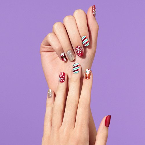 Dashing Diva Gloss Holiday Nail Strips - Santa's Helper | UV Free, Chip Resistant, Long Lasting Gel Nail Stickers | Contains 32 Nail Wraps, 1 Prep Pad, 1 Nail File