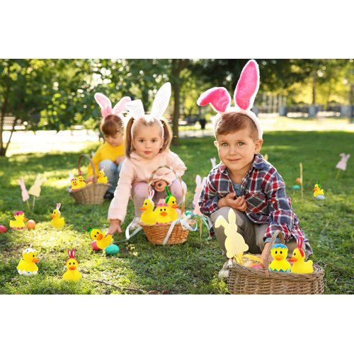 The Dreidel Company Happy Easter Rubber Duck Toy Bunny Rabbit Duckies for Kids Easter Eggs, Bath Birthday Gifts Baby Showers Summer Beach and Pool Activity, 2" (12-Pack)