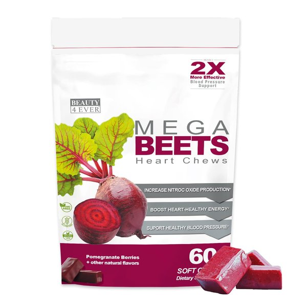 Beauty 4 Ever - Mega Beets Chews - Grape Seed Extract & Non-GMO Beet Energy Chews - Pomegranate Berry Flavor - 60 Count
