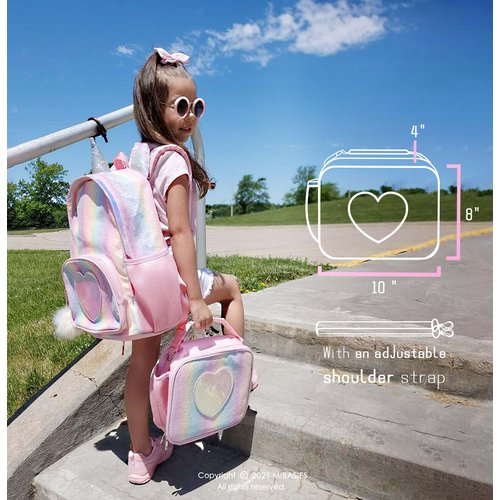 mibasies Girls Lunch Bag for Kids Insulated Lunch Box with Shoulder Strap and Bottle Holder, Glitter Rainbow