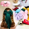 Hibasso 2-Piece Silky Satin Hair Bows Set for Women, Girls with Long Tails and Metal Clips – Aesthetic bow hair clip, Stylish Hair Accessories (Green & White)