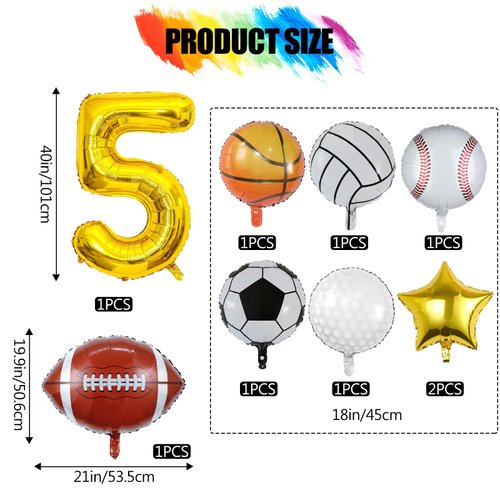 9 Pieces Sports Balloons, Football, Basketball, Baseball, Volleyball, Golf and Soccer Foil Balloon, Sports Birthday Number Mylar Foil Balloon, Sport Theme Birthday Party Supplies Decorations (5th)