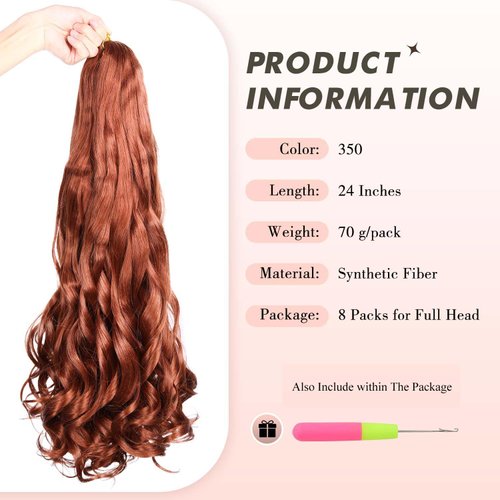 WIGER French Curly Braiding Hair 8 Packs 24 Inches Ginger Spanish Curly Crochet Braids for Black Women 350 Pre-Seperated Loose Wave Hair Extensions Synthetic Spiral Curly Crochet Hair