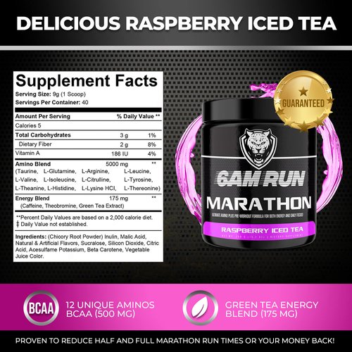 6AM Run Marathon - Pre Workout Powder for Distance Running & Essential Amino Energy - No Jitters, High Energy for Cardio & Stamina Formula - All Natural, Keto, Vegan (Raspberry Iced Tea, Full Bottle)