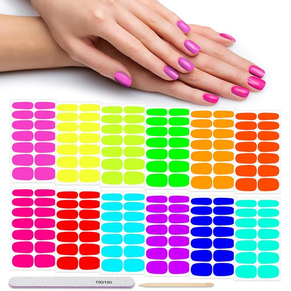 DANNEASY 12 Sheets Fluorescence Color Nail Wraps for Women Self Adhesive Nail Polish Stickers Stick on Nail Polish Strips Gel Fingernail Sticker Nails with Nail File, Cuticle Stick