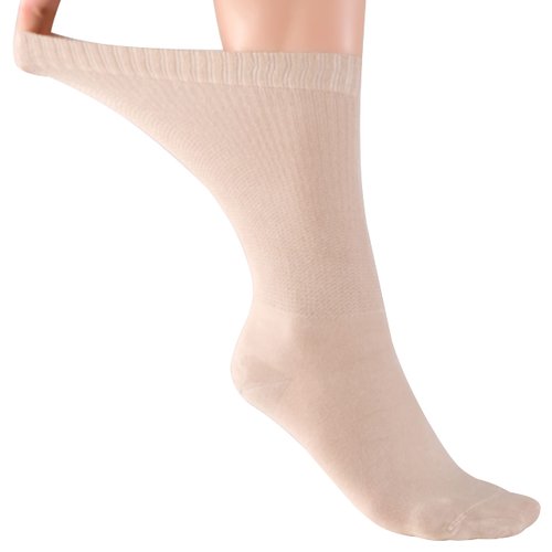 ELYFER Beige Diabetic Crew Socks for Women (4 Pairs) Soft Thin Bamboo Rayon, Wide, Loose Fit, Seamless Toe, Non-Binding, Circulatory, Compression, Moisture-Wicking Cushion Dress Socks Size (9-12)