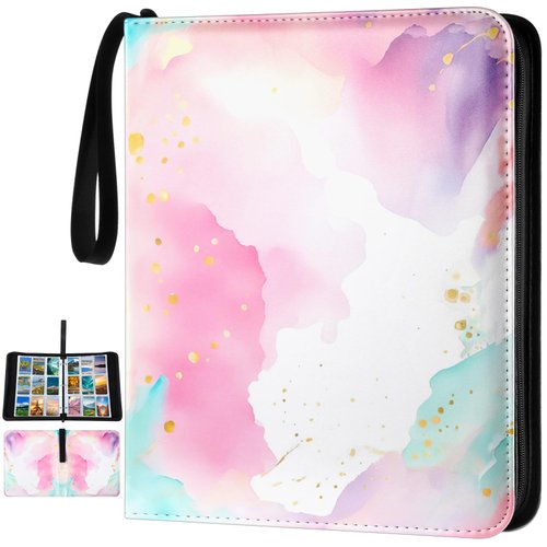 Card Binder for Girls 9 Pockets Waterproof Trading Card Binder for 900 Cards Pink Watercolor Rainbow Portable Card Album Holder with Zipper Wristband Card Organizer for Christmas Cards Collector Gifts