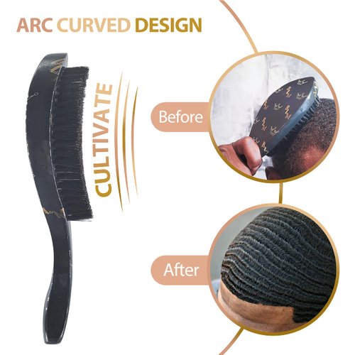 Wolfin Pro Hair Brush Starter Bundle, Black, Boar Bristle Medium/Hard Wave Brush, Long Strap Wide Durag, Wave Cap - Perfect for 360, 540, 720 Waves