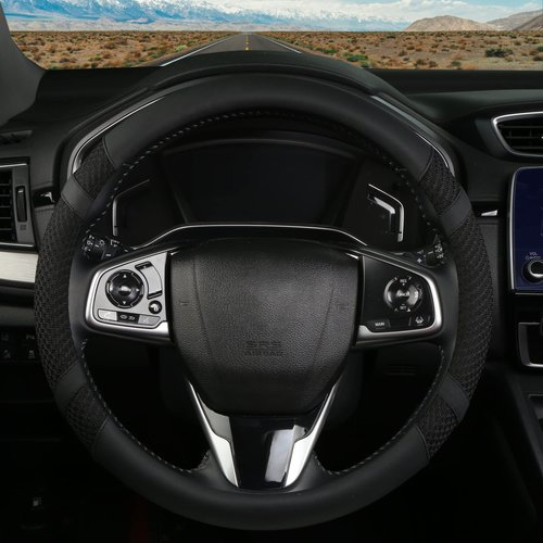 BOKIN Leather Steering Wheel Cover with Breathable Microfiber and Viscose for Men Women,Universal 14.5-15 Inch Anti-Slip Odorless Black Car Wheel Protector