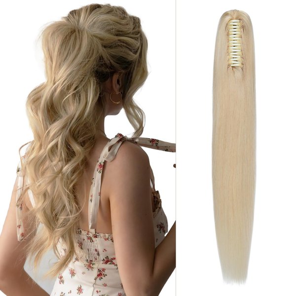 Fellissy Claw Clip Ponytail Extension human hair ponytail extension for Women Long straight ponytail extension hair extensions real human hair ponytail 14inch #613 Light gold