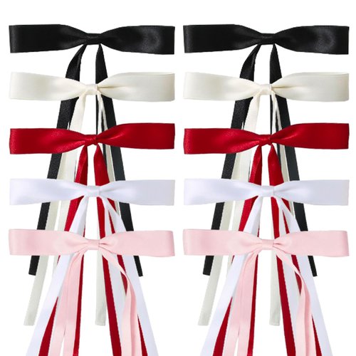 Ribbon Hair Bows for Women Girls, 10PCS Hair Ribbon Bows Hair Clips with Bowknot Long Tail Tassel Bows Ribbons for Hair Barrettes (Black, White, Wine Red, Beige, Pink)