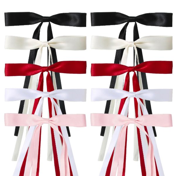 Ribbon Hair Bows for Women Girls, 10PCS Hair Ribbon Bows Hair Clips with Bowknot Long Tail Tassel Bows Ribbons for Hair Barrettes (Black, White, Wine Red, Beige, Pink)