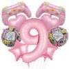 Pink Video Game Balloons, Video Game Controller Birthday Number Mylar Foil Balloon, Level Up Balloons for Girls Game On Birthday Decorations Video Game Gaming Theme Party Supplies (9th)
