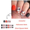 24Pcs Halloween Press on Nails Short Square Shape Halloween Fake Nails with Ghost Flower Leaf Designs Glossy Orange Black Halloween Glue on Nails Short Square Fall Holiday Stick on Nails for Women