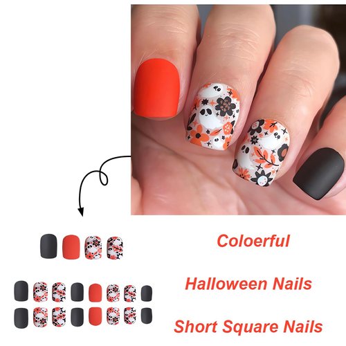24Pcs Halloween Press on Nails Short Square Shape Halloween Fake Nails with Ghost Flower Leaf Designs Glossy Orange Black Halloween Glue on Nails Short Square Fall Holiday Stick on Nails for Women