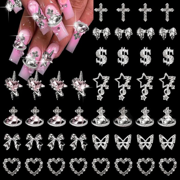 COOSLIM 40pcs Nail Charms Bulk Set with Silver Dollar, Heart,Crosses, Stars, Butterfly, Planets, Bow Nails, ect. 10 Styles Nail Gems Y2k Nail Art Supplies for Women Manicure Decorations 1