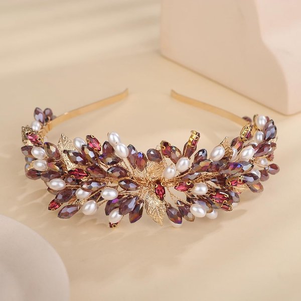 Teyglen Bridal Wedding Crystal Headband Red Rhinestone Pearl Beads Headband Hair Crown Handmade Leaf Headpiece Hair Accessories for Women Party Prom (Wine red)