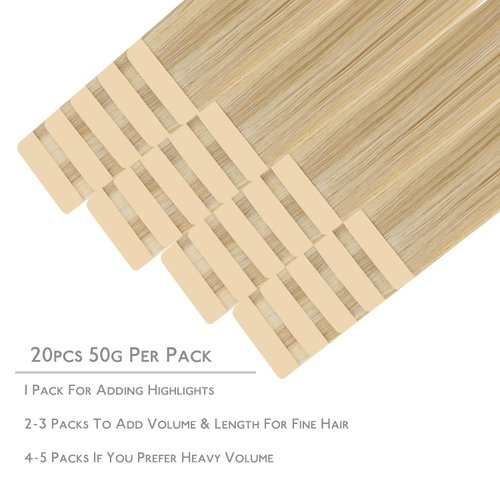 WENNALIFE Tape in Hair Extensions Human Hair, 20pcs 50g 18 inch Light Blonde Highlighted Golden Blonde Remy Hair Extensions Straight Human Hair Tape in Extensions Skin Weft Tape Extensions Human Hair