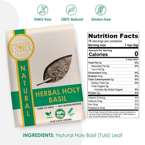 Pride Of India - Natural Tulsi Holy-Basil Herbal Tea, 3.53 oz (100gm) Whole Leaf