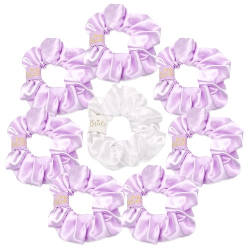 CIEHER 8 Pcs Hair Scrunchies for Bachelorette Party Favors, Bridesmaid Scrunchies Bachelorette Party Hair Ties, Bridal Shower Decorations Bride Bridesmaid Proposal Gifts (White & Purple)