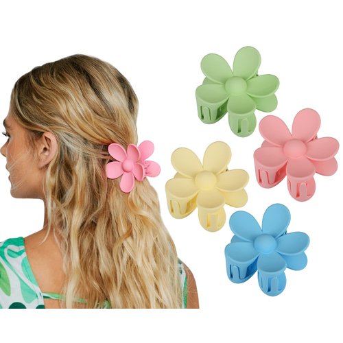 DS. DISTINCTIVE STYLE Flower Claw Clip Set of 4 Hair Clips for Thick Hair Matte Color Medium Claw Clips (baby pink, baby blue, pale yellow, pale green)