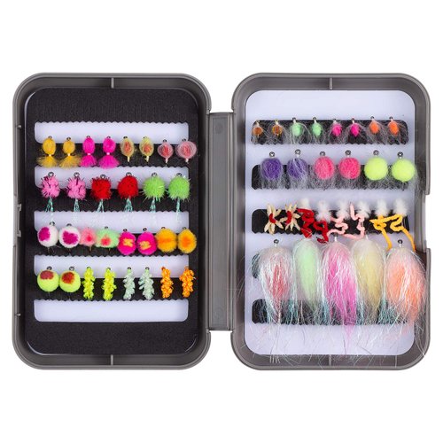 BASSDASH Trout Steelhead Salmon Fishing Flies Barbed Barbless Fly Hooks Include Dry Wet Flies Nymphs Streamers Eggs, Fly Lure Kit with Fly Box (57pcs Barbed Steelhead/Salmon/Trout Flies)