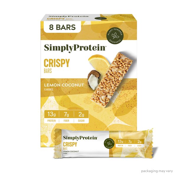 Simply Protein - Lemon Coconut Crispy Bars - Plant Based Protein Bars - Low Carb, Low Sugar, High Fiber - 13g Protein, 2g Sugar, 7g Fiber - Vegan, Gluten Free, Non GMO, Kosher - 8 Bars