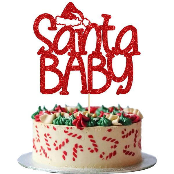 1Pc Christmas Santa Baby Cake Topper Glitter Christmas Santa Hat Baby Shower Cake Decoration for Merry Christmas Baby Shower Gender Reveal Kids Birthday Party Supplies