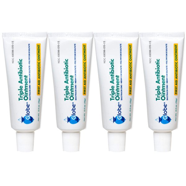 Globe Triple Antibiotic First Aid Ointment, 0.5 oz (4-Pack) | 24-Hour Infection Protection | Wound Care Treatment for Minor Scrapes, Burns and Cuts | 4 PACK