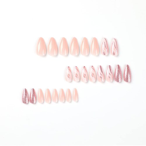 Medium Almond Tip Press on Nails Nails Artificial Acrylic Fake Nails with Pink Glitter Powder Designs, 24Pcs Full Cover Reusable Coffin False Nails Set Women Glue on Nails Stick on Nails for Nail Art