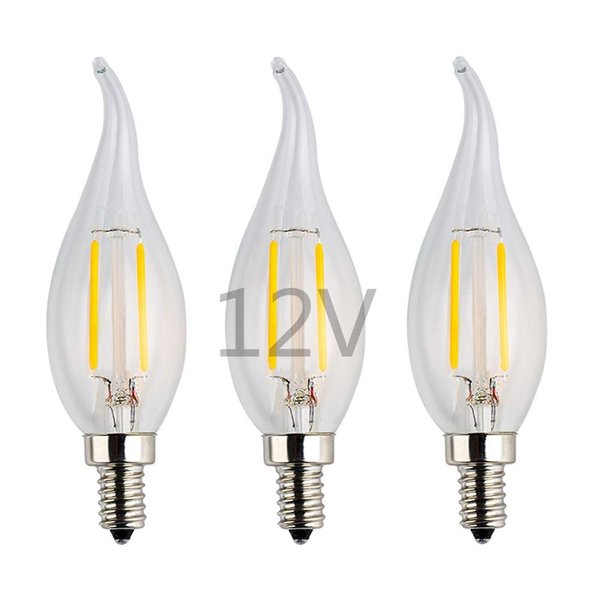 OPALRAY AC/DC 12V Low Voltage LED Candelabra Bulb, 2W 200Lm, Dimmable with DC Dimmer, Warm White Light, E12 Base, Clear Glass Flame Tip, 25W Incandescent Replacement, for 12 Volts Power, 3 Pack
