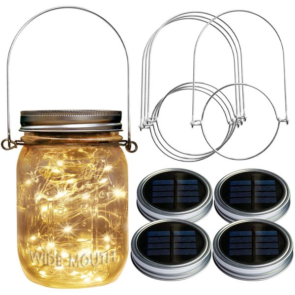Homeleo 4 Pack Wide Mouth Mason Jar Solar Led Lights Insert Screw with Hangers, Warm White Waterproof Solar Fairy Lights for Outdoor Garden Decor Christmas Holiday Wedding Party(Jars Not Included)
