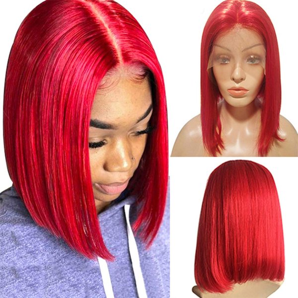 Smartinnov Lace Front Wig Middle Part Virgin Human Hair Red Straight Bob Pre Plucked 14" Short Cut 180% Density 13x4 Lace Frontal Peruvian Bleached Knots with Baby Hair Red Color Bob Wigs for Women
