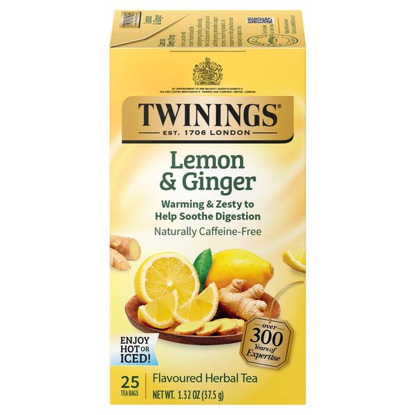 Twinings Lemon & Ginger Individually Wrapped Herbal Tea Bags, 25 Count (Pack of 6), Spicy Ginger, Lemon Peel and Lemongrass, Enjoy Hot or Iced