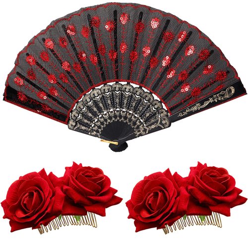 2 Pieces Women Rose Flower Hair Clip and Embroidered Sequins Fabric Handheld Folding Fan Hair Accessories for Flamenco Dancer Costume Accessories Girl Halloween Cosplay Party (Red)