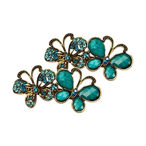 Pair Rhinestone Two Butterflys Hair Barrette- 3" x 2pcs+ Gift Bag