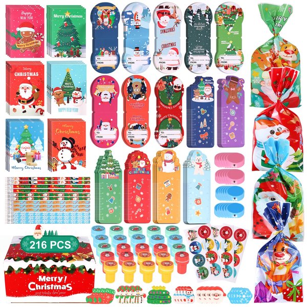 boveeny 216PCS Christmas School Stationery Set, Bulk Christmas Goodie Bag Stuffers,Adult Christmas Classroom Reward Gift Students Exchange Classroom Games Prizes Adult