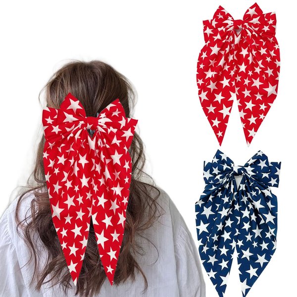 Vsdski 4th of July Bows Hair Clips for Women Big Bows Hair Barrettes Independence Day Hair Accessories USA Flag Stars Bow Hair Clips Cute Long Tail Hair Ribbon Alligator Clips Patriotic Party Decor