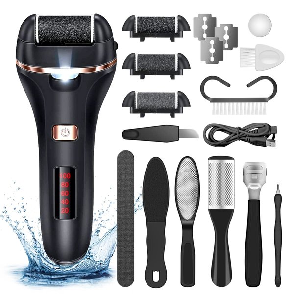 Electric Callus Remover for Feet,Rechargeable Foot File Hard Skin Remover,Waterproof 14 in1 Professional Pedicure Kit for Cracked Heels &Dead Skin,with 3 Roller Heads 2 Speed, Battery Display