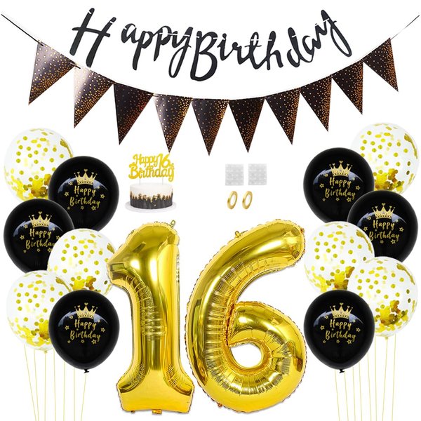 Daimay 16th Birthday Party Decorations Gold Black Happy Birthday Latex Confetti Balloons Triangle Flag Banner Number 16 Foil Balloon Cake Topper for Men Women Anniversary Birthday Party Supplies