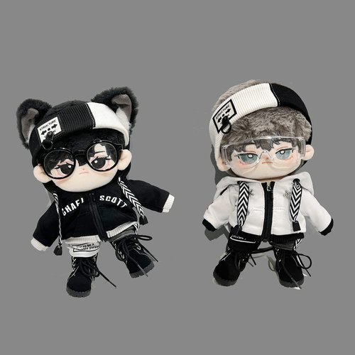 niannyyhouse 20cm Plush Doll Clothes Loose Black and White Suit Headwear Hoodie Pants Glasses Shoes Doll Dressup (Black, 20cm)