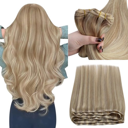 Sunny Sew in Hair Extensions Highlights Weft Human Hair Extensions Blonde Weft Hair Extensions Dark Ash Blonde Highlighted Light Blonde Hair Wefts Human Hair Sew in Blonde 20inch 100g