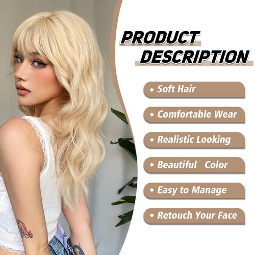 testar Blonde Wigs for White Women 22 Inch Platinum Blonde Wig With Bangs Hair Replacement Wigs Realistic Looking Synthetic Curly Wigs For Daily Party Use